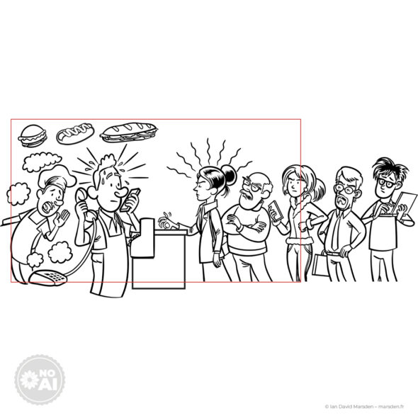 Black-and-white cartoon scene with hand-drawn characters placing an order via tablet for app-based Click & Collect service.