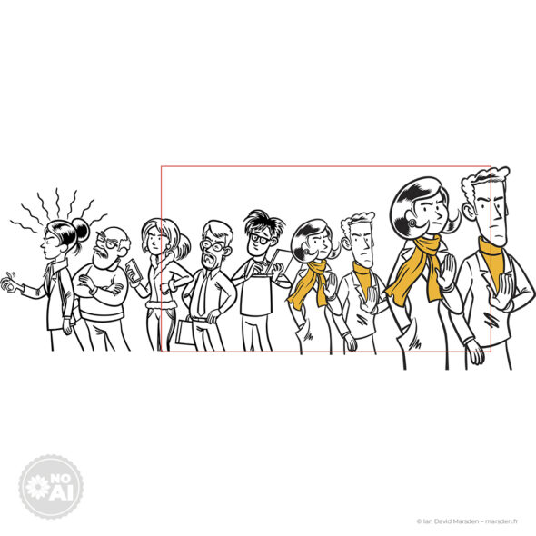 Line-art crowd scene celebrating successful Click & Collect pickup from a French tech service, part of a whiteboard explainer video by Ian David Marsden.