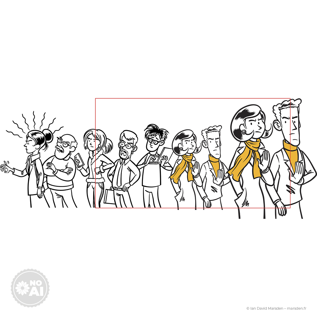 Line-art crowd scene celebrating successful Click & Collect pickup from a French tech service, part of a whiteboard explainer video by Ian David Marsden.