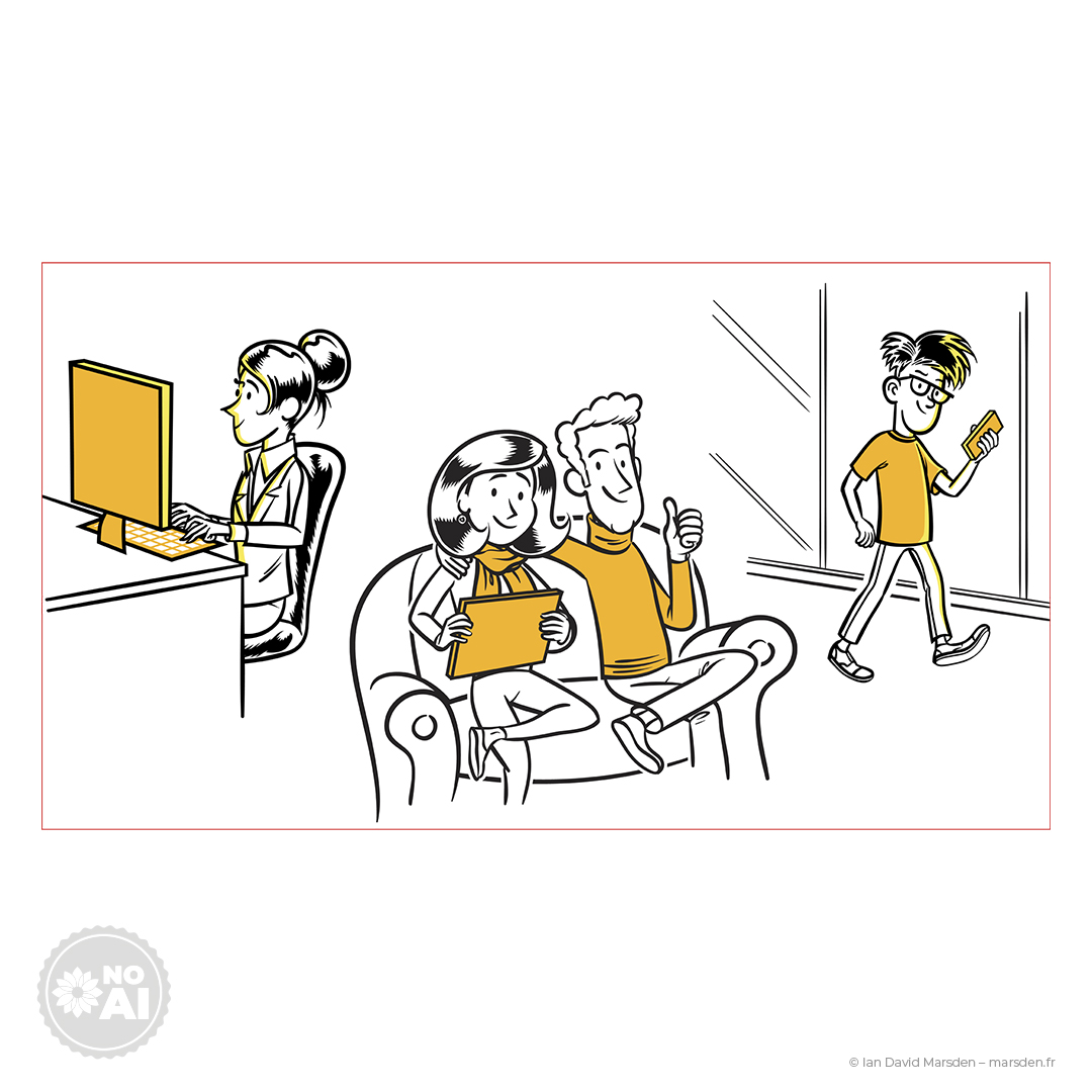 Digital customer service scene for app-based French retail solution, illustrated in a whiteboard animation style.