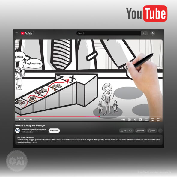 Explainer Video - Erklärvideo Illustration Black-and-white YouTube video still showing a hand drawing a diagram on a whiteboard with an Engineering label and a red-line path.