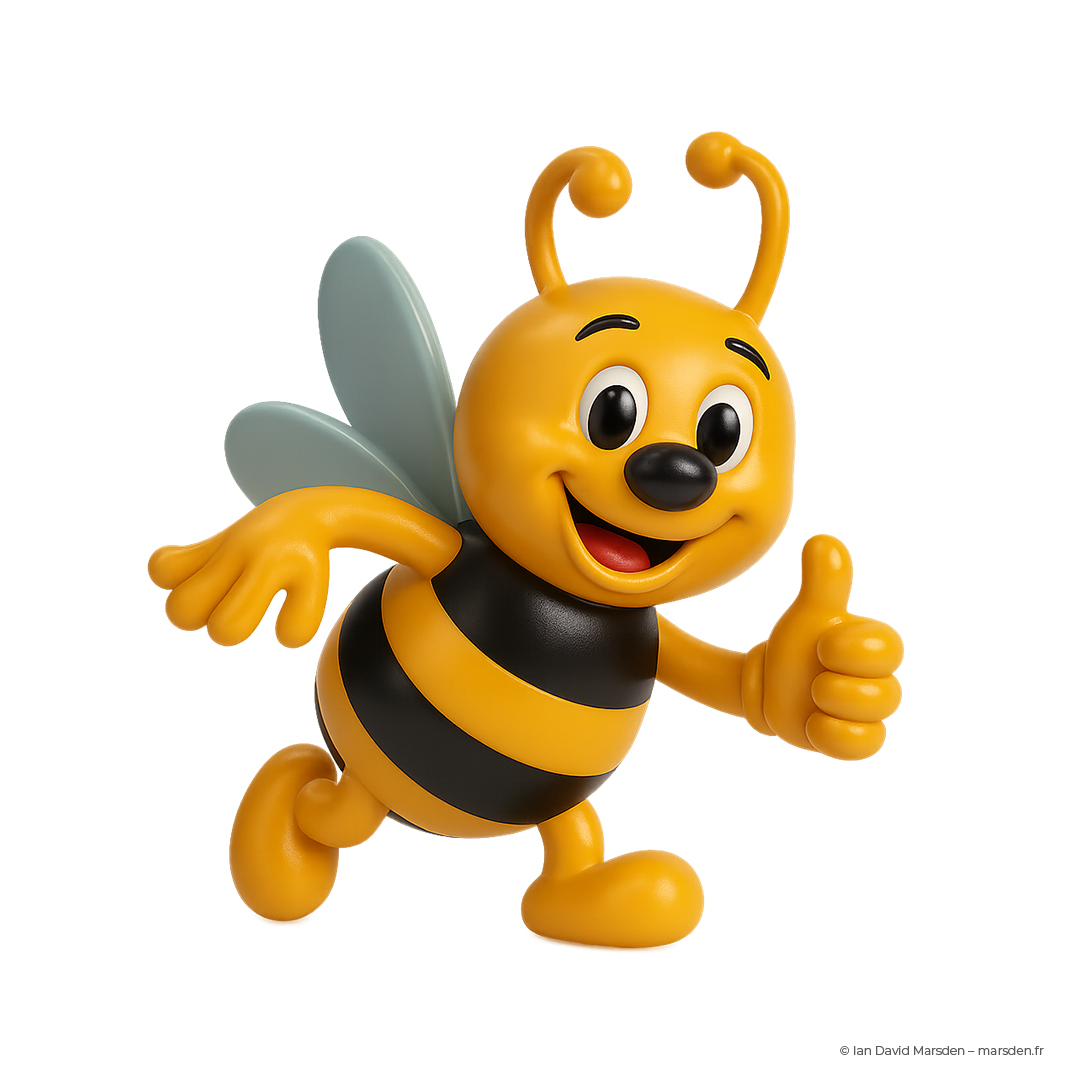 Bee mascot for mairie of Saint-Mathieu-de-Tréviers – character design by Ian David Marsden for public signage and youth campaigns