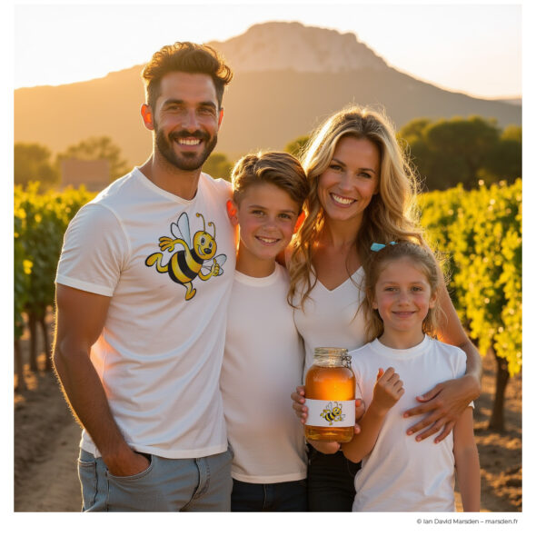 Family holding honey jar and wearing mascot t-shirt with scenic vineyard background at Pic Saint-Loup, showcasing contextual branding