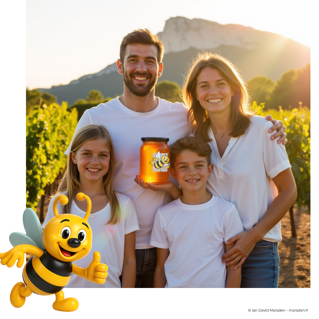 Promotional image of family outdoors with honey product, custom label, and 3D bee character – captured at Pic Saint-Loup and digitally assembled