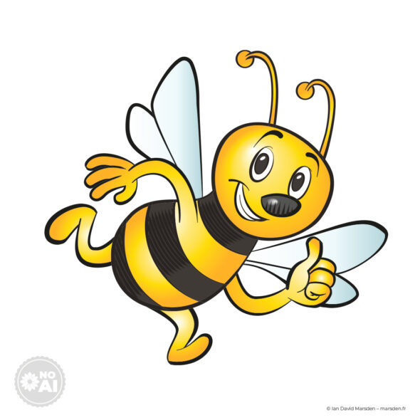 Waving bee mascot character for Saint-Mathieu public project