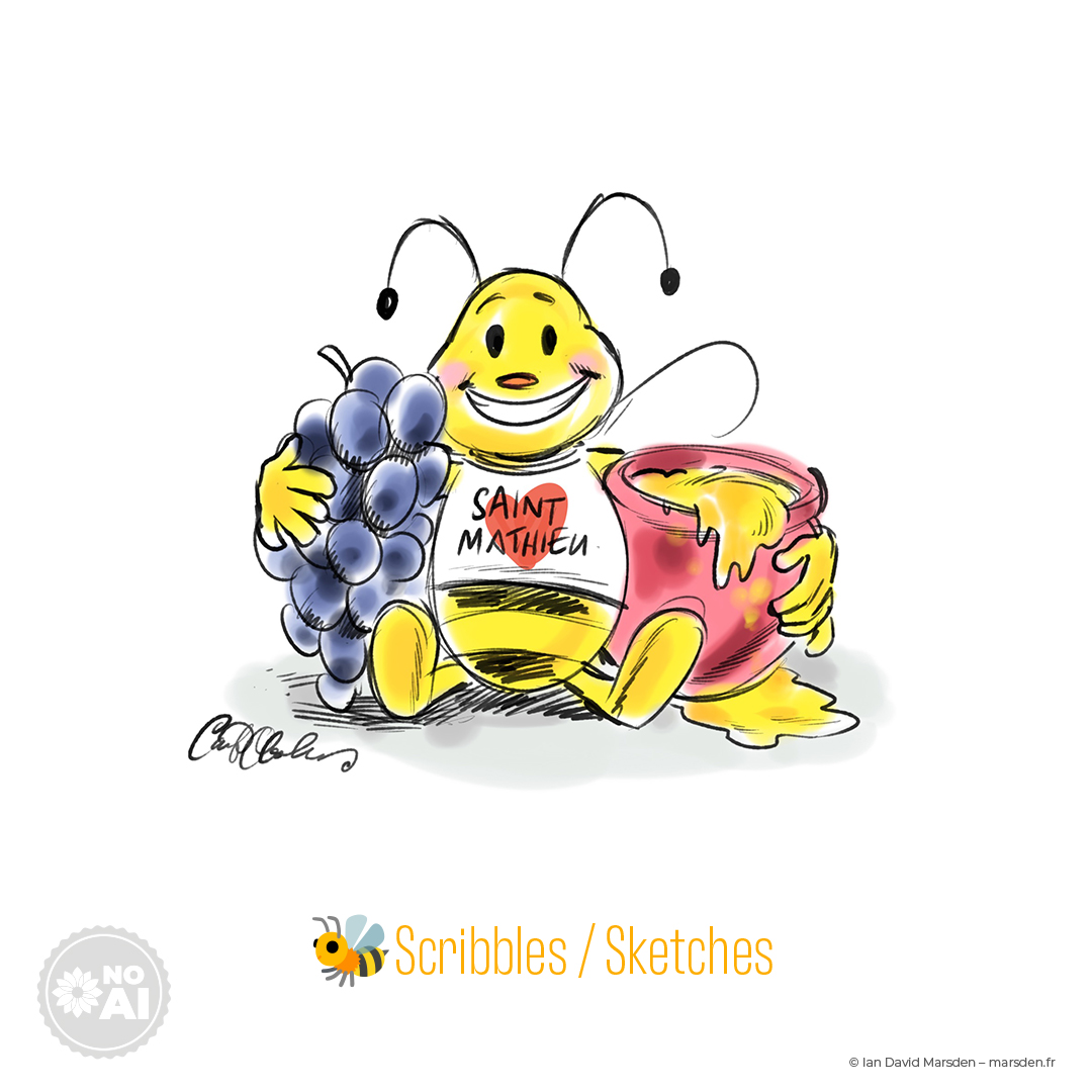 mascot sketch, bee concept, pencil drawing, mairie, town character, Saint-Mathieu de Treviers