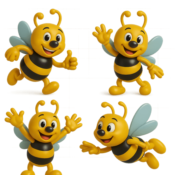 3D bee mascot renders in four character expressions: standing, waving, jumping, and pointing