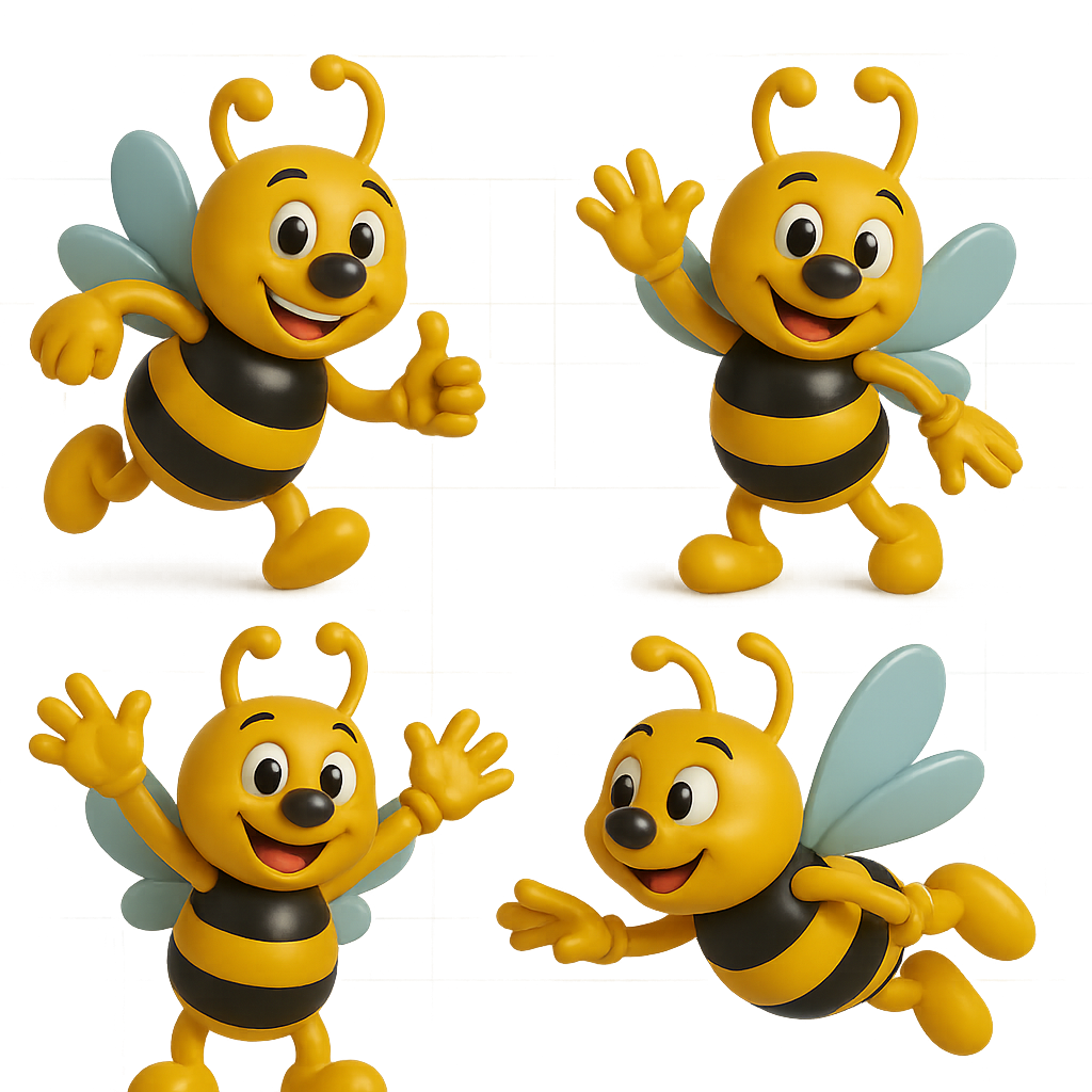 3D bee mascot renders in four character expressions: standing, waving, jumping, and pointing