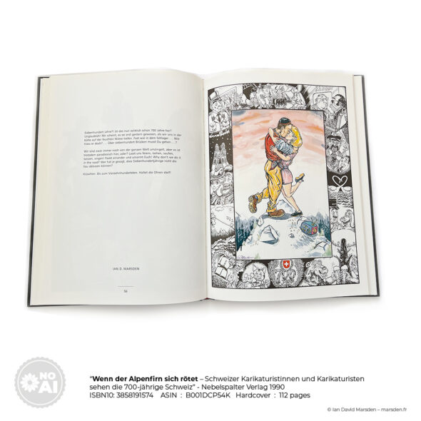 An open book page showing a central color cartoon of a couple kissing on a mountain top, framed by black and white sketches.