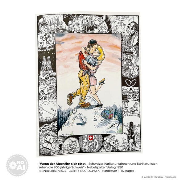 Watercolor illustration of a couple kissing on a mountain top, surrounded by a border of black and white cartoon vignettes.