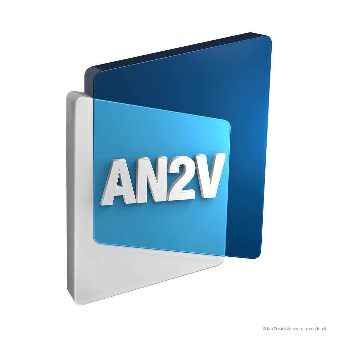 Blue and white 3D logo design for AN2V rendered in Blender for official digital media.