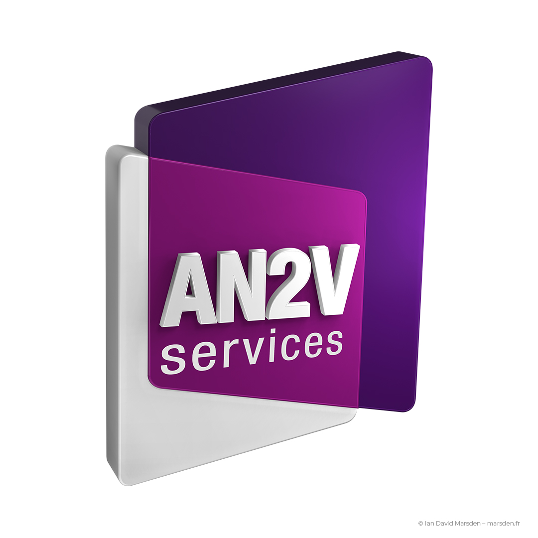 3D vector logo for AN2V Services in purple tones, part of French association branding system.