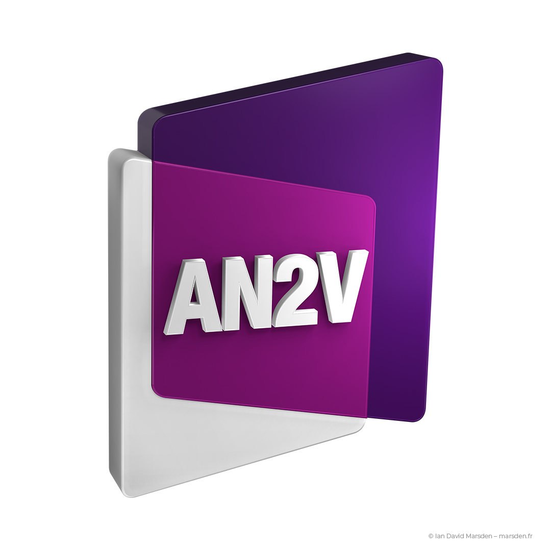 High-res AN2V 3D logo in purple, created in Blender for France’s national video protection association.