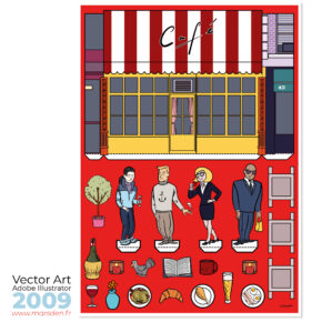 Colorful vector café poster with vector cutout characters by Ian David Marsden.