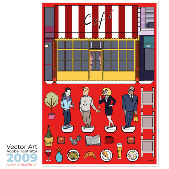 Colorful vector café poster with vector cutout characters by Ian David Marsden.