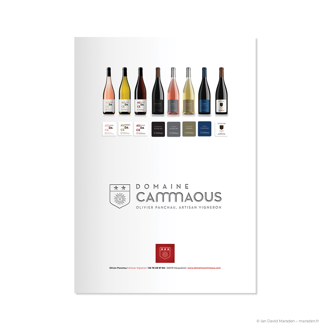 Domaine Cammaous wine catalog cover design with bottles