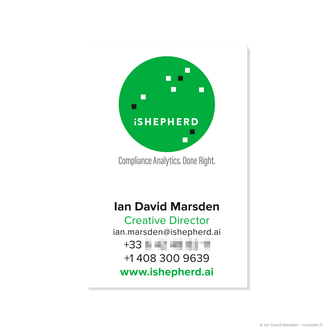 White and green business card design for iSHEPHERD showing brand color and contact layout