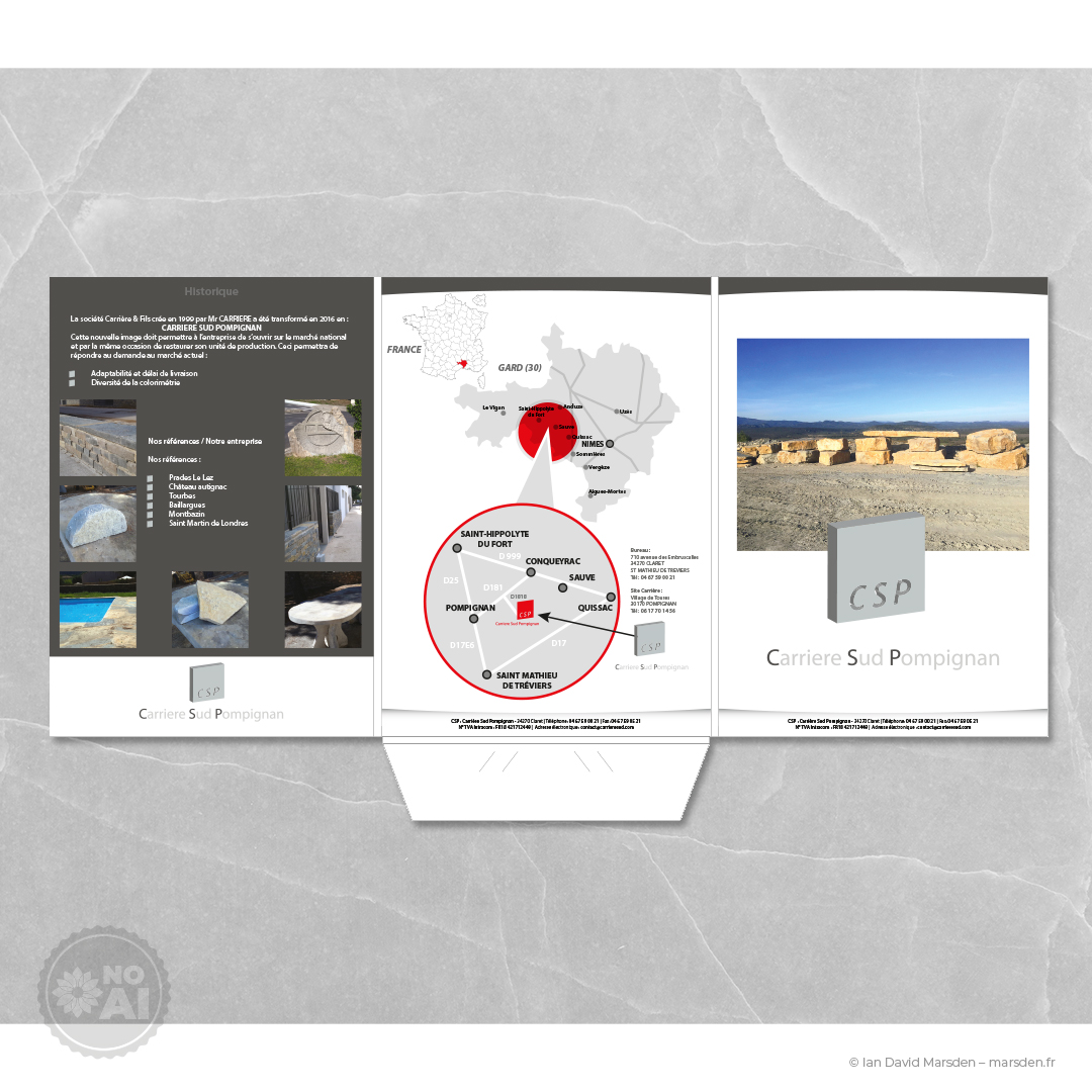 Pochette back design for Carrière Sud quarry with location map, typography, and graphic layout