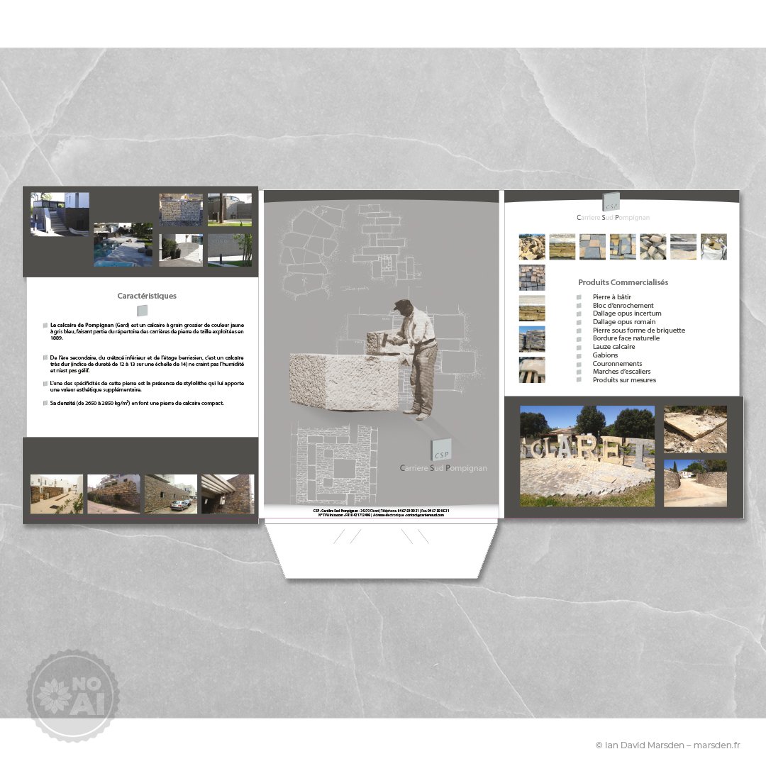 Branded pochette cover showing Carrière Sud Pompignan stone quarry, with refined typography and visual treatment