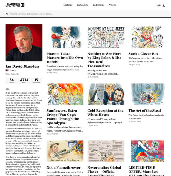 Alt text: Grid of cartoon thumbnails and article headlines from Cartoon Movement on a white webpage.