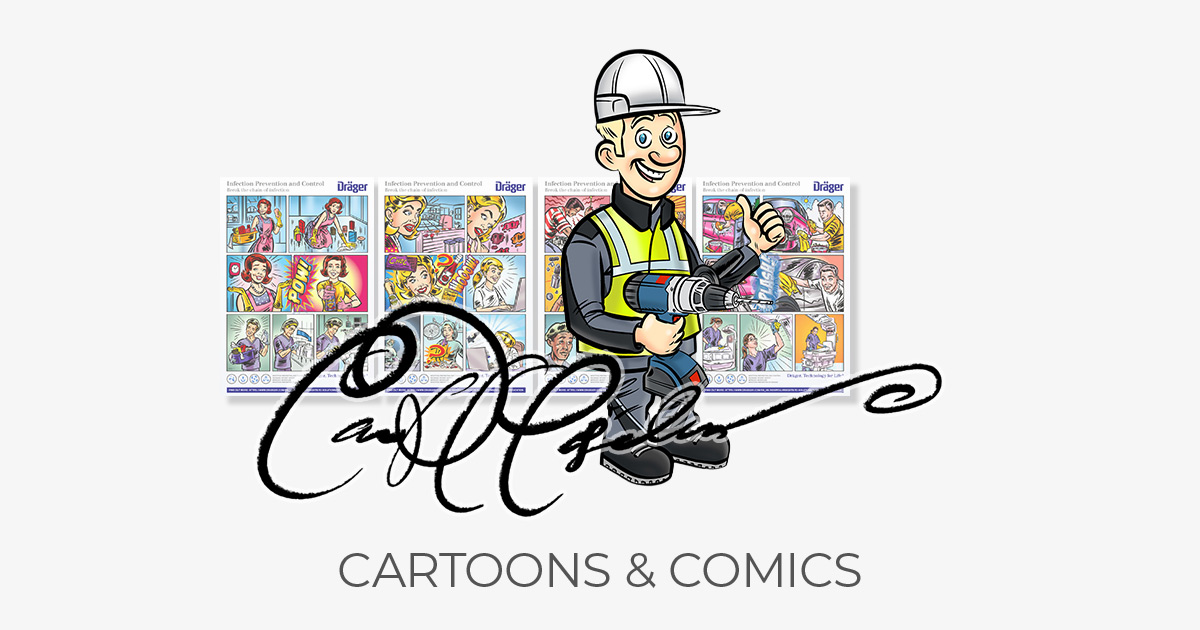 Comic-style illustration of safety characters for advertising and communication by Ian David Marsden