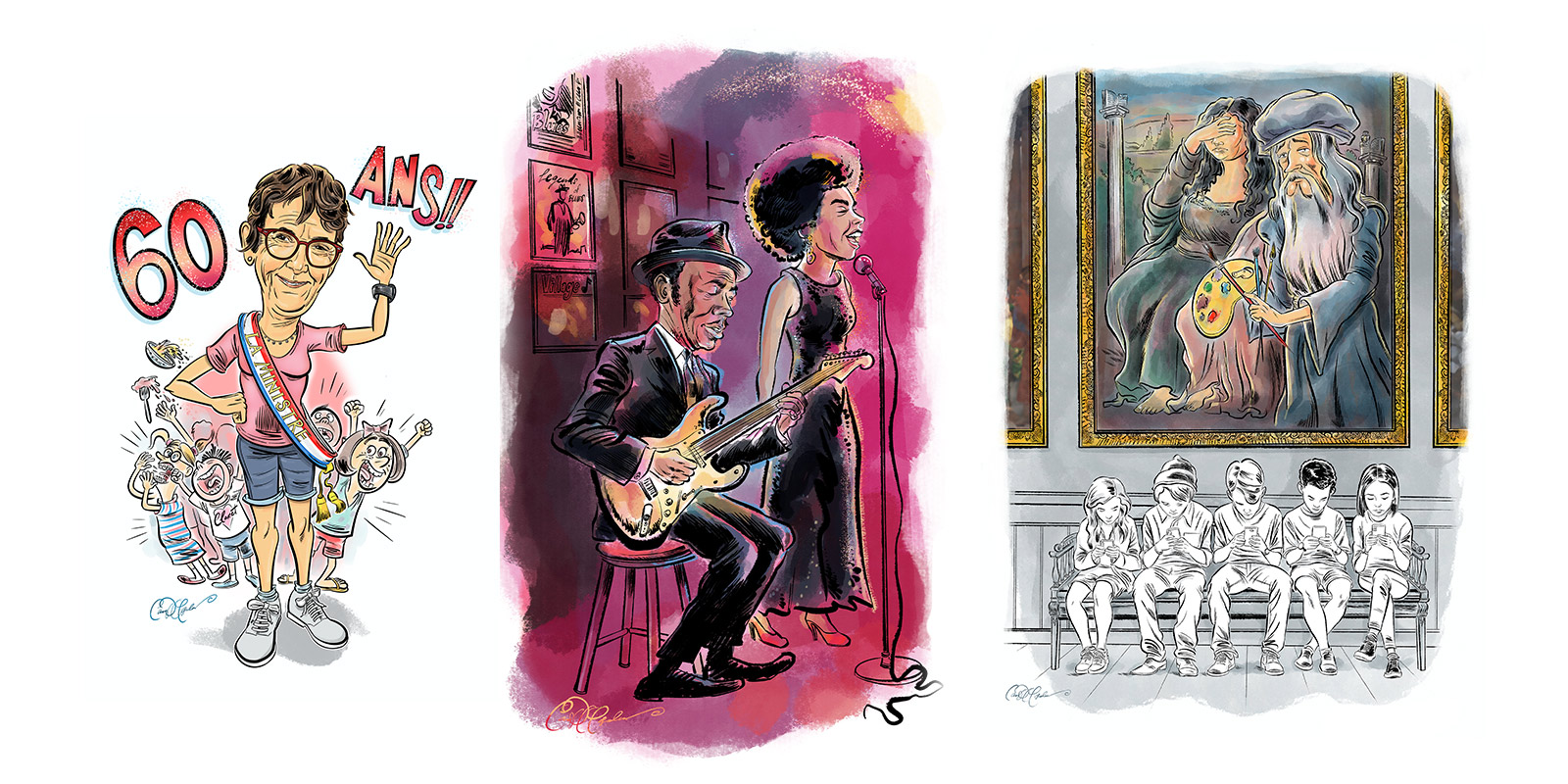 Editorial-style illustrations with hand-drawn and digital elements