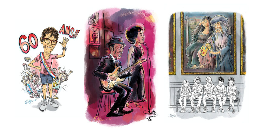 Cartoon-style editorial illustrations by Ian David Marsden, including jazz art and caricature.