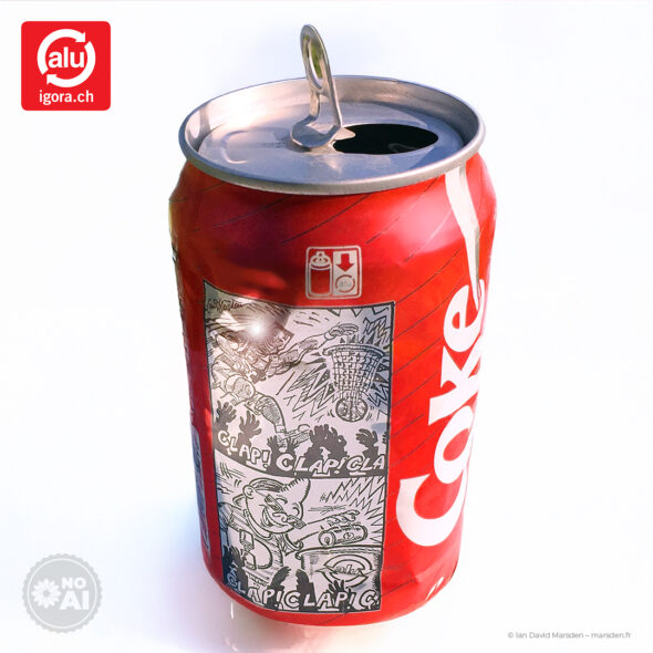 Coca-Cola can comic strip recycling dunk illustration