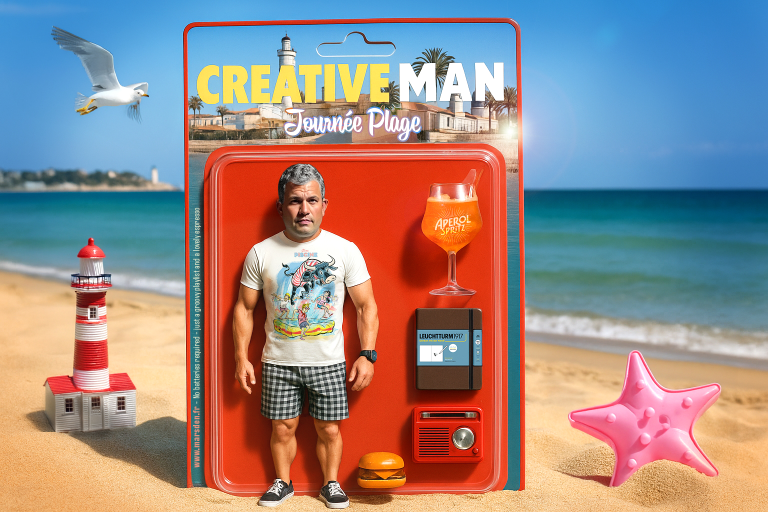 Creative Man action figure at the beach – packaging includes Aperol Spritz, sketchbook, vintage radio, burger, and sea background