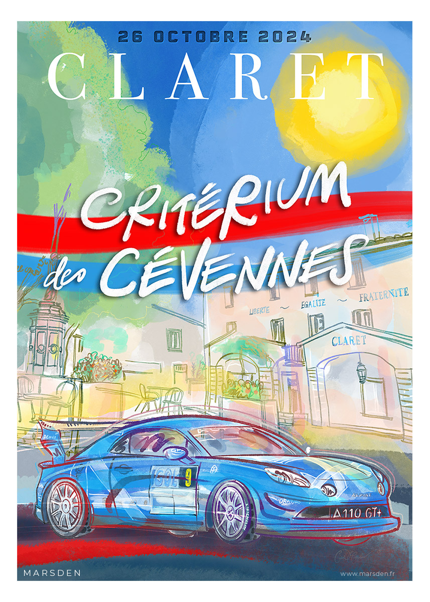 Illustration de voiture Alpine A110 GT+ à Claret pour le Critérium des Cévennes 2024 – affiche signée Ian David Marsden