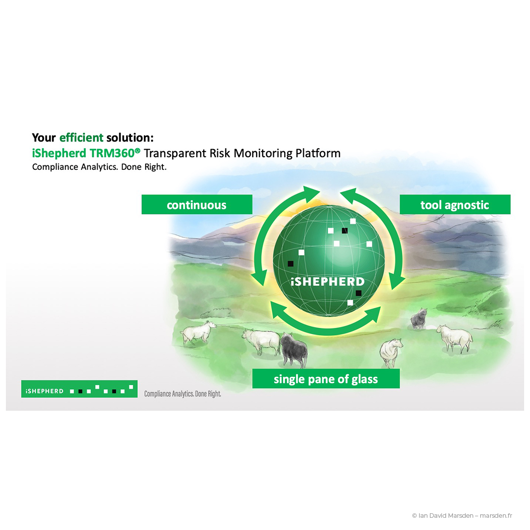 iShepherd compliance dashboard illustration with green circle motif and UI elements
