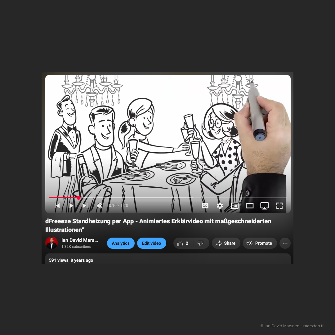 Hand drawing cartoon characters at a dinner table in whiteboard animation style for dFreeeze explainer video (German version).