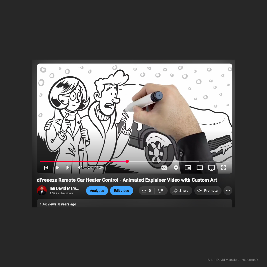 Cartoon couple in snow near frozen car being drawn by hand in explainer video for dFreeeze (English version).