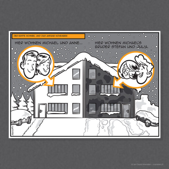 Side-by-side houses of two couples in the snow, highlighting lifestyle contrast with and without dFreeeze.