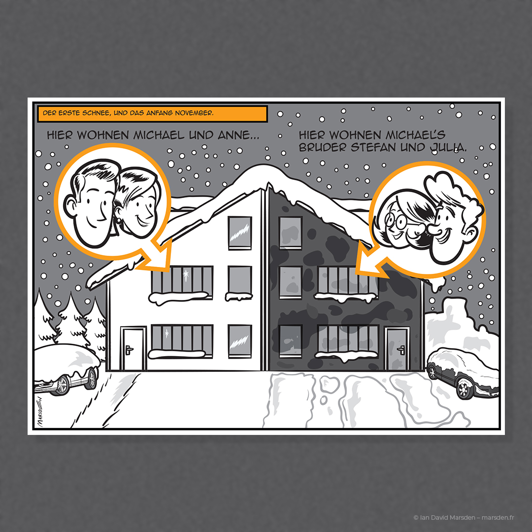 Side-by-side houses of two couples in the snow, highlighting lifestyle contrast with and without dFreeeze.