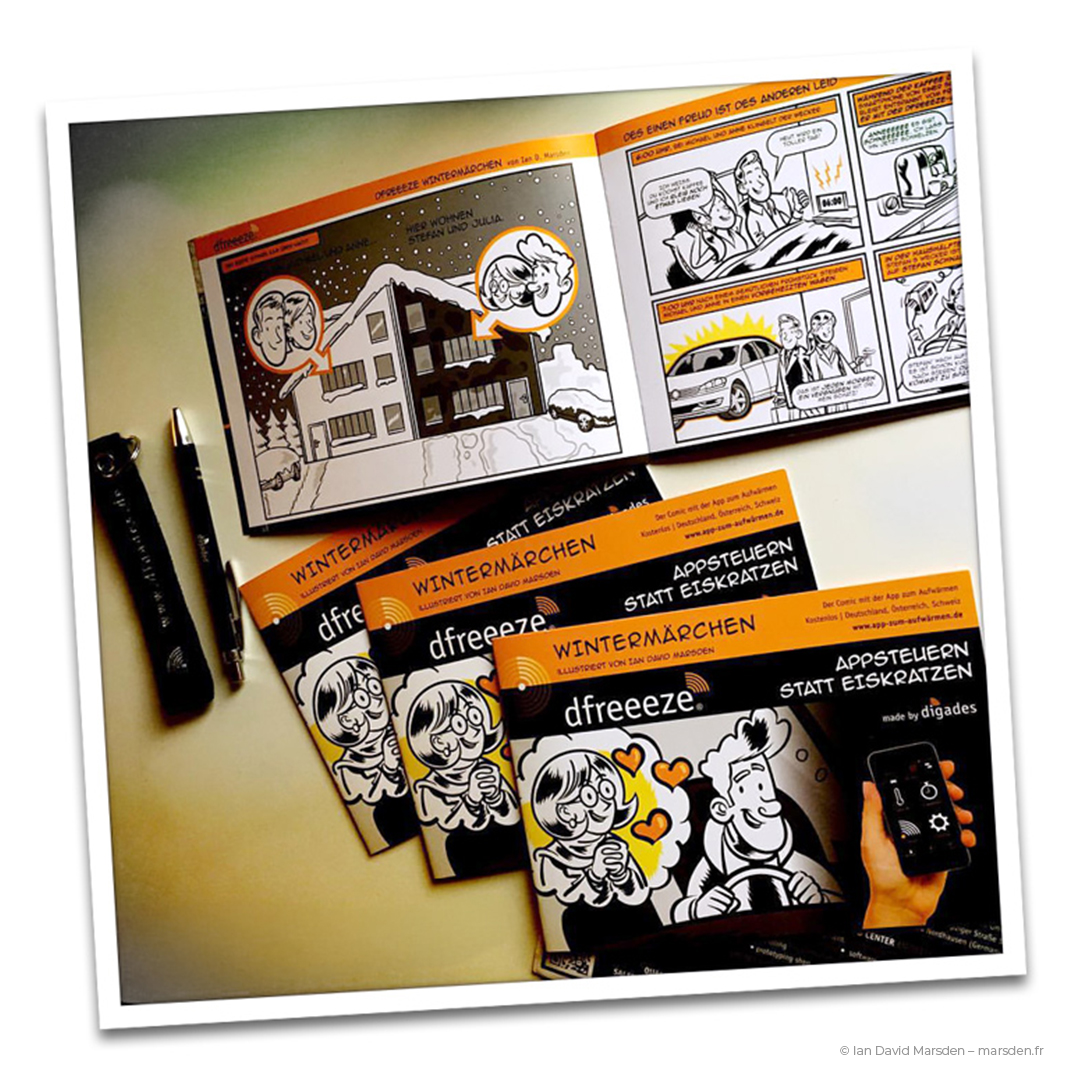 Printed brochures for dFreeeze winter campaign with comic cover and first double-page inside open.
