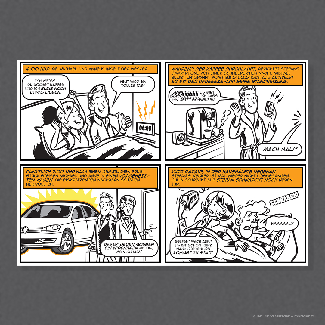 Happy couple enters heated car while neighbors struggle with snow, highlighting benefit of remote app.