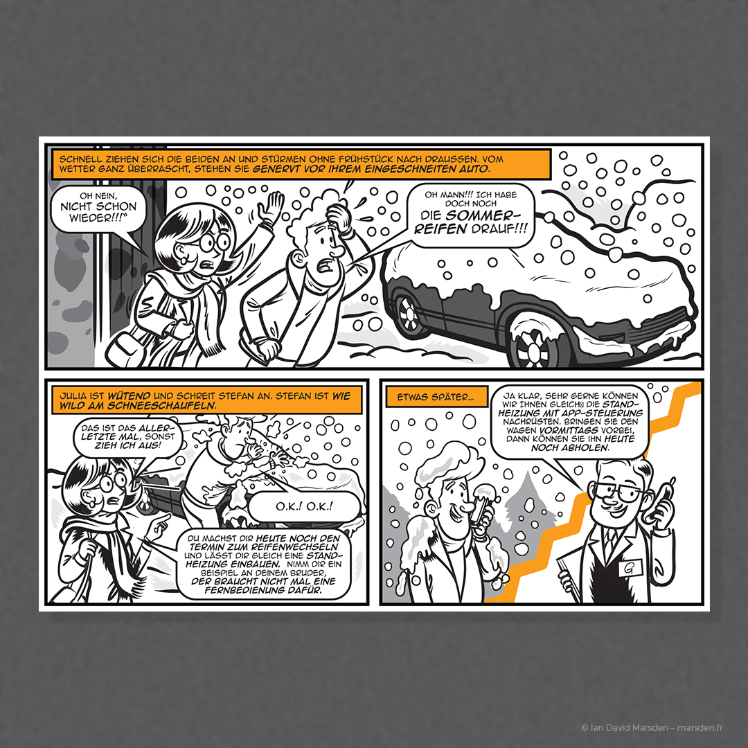 Couple frustrated with snow-covered car and summer tires, highlighting winter inconvenience without remote heating.