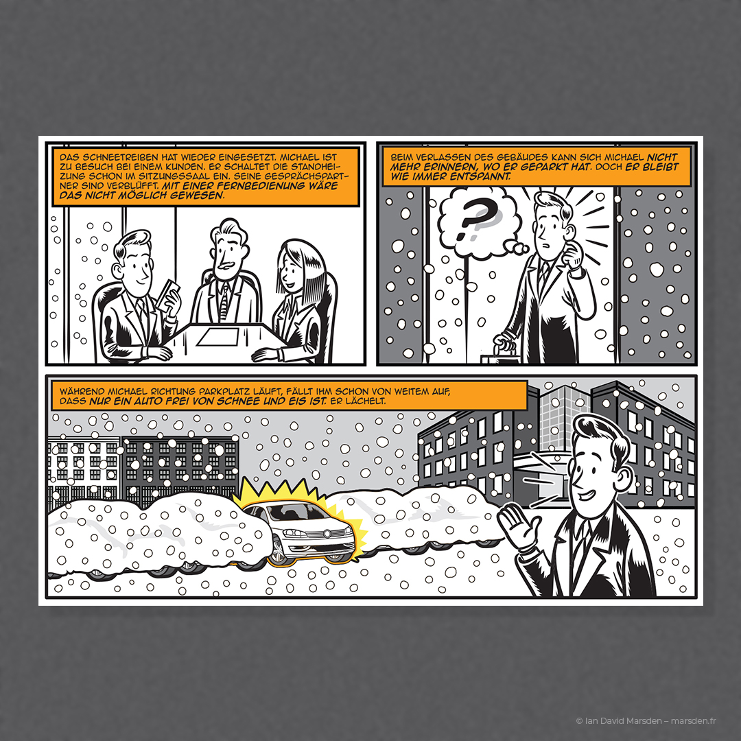 Man using app in office to activate car heating, walks to cleared vehicle in snowy parking lot.