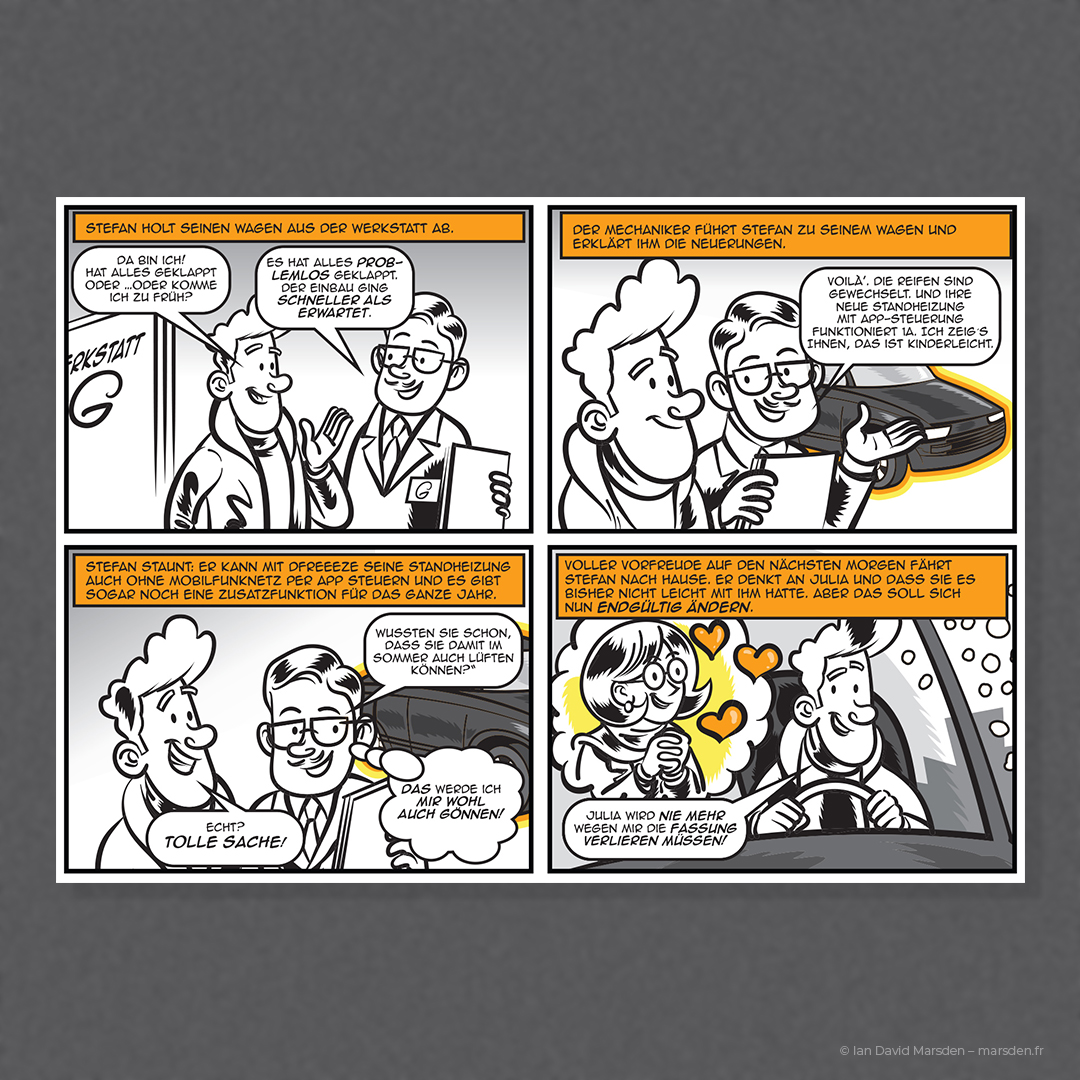 Mechanic showing app features to man in garage, explaining smart car heating options.