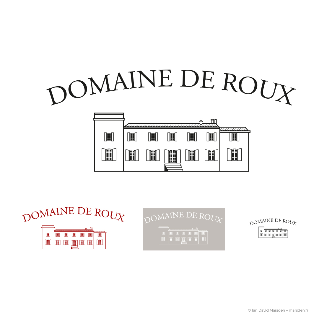 Vector logo variations for Domaine de Roux wine estate featuring stylized building and serif wordmark.