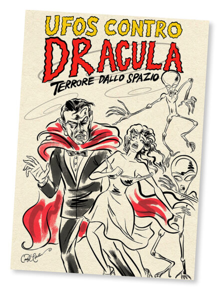 Retro-style comic cover parody featuring Dracula and a space alien, illustrated in vibrant fumetto-trash tradition.