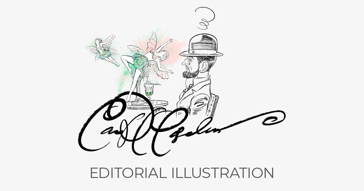 Editorial illustration with vintage gentleman and fairies by Ian David Marsden