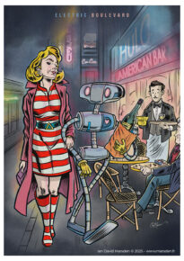 Woman and robot walk past futuristic café – ligne claire cartoon by Ian David Marsden.