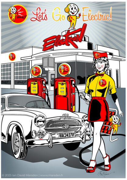 Retro gas station scene with a vintage Peugeot car, bold red pumps, and a smiling attendant.
