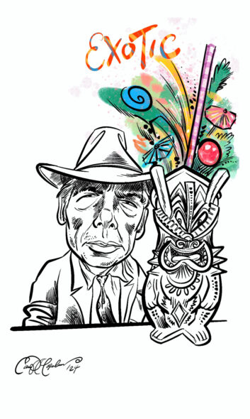 Ink and color illustration of Lee Marvin beside a giant tiki drink, surrounded by tropical cocktail decorations and tribal motifs.