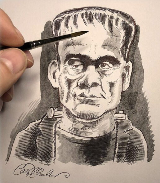 Ballpoint pen and watercolor sketch of the classic Frankenstein monster, mid-expression and full of pathos.