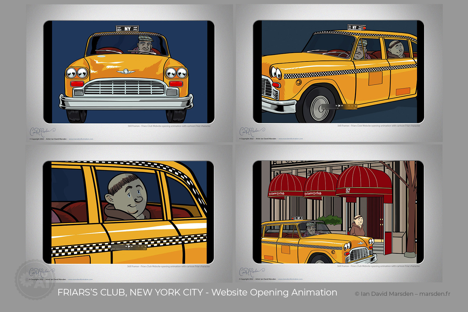Cartoon friar character arriving in a yellow NYC taxi in front of the Friars Club for animated website intro