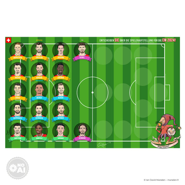 Illustration showing a Swiss football team lineup board with player caricatures arranged in a formation on a soccer field.