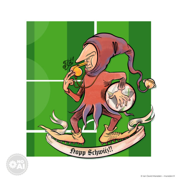 A cartoon jester wearing a red hood and soccer cleats blowing a whistle while holding a soccer ball against a green field.